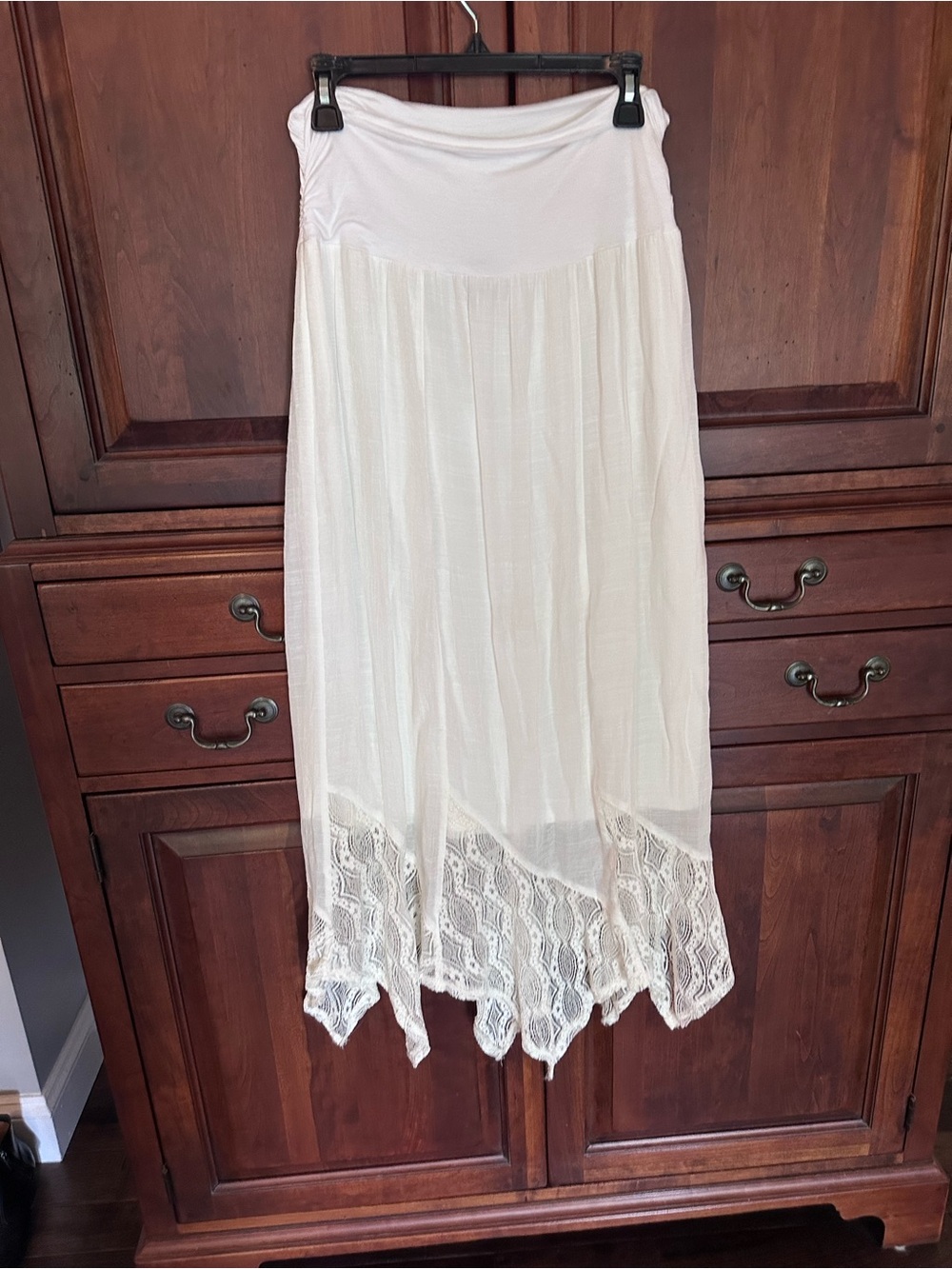 Romantic Cream Maxi Skirt with Lace handkerchief Hem